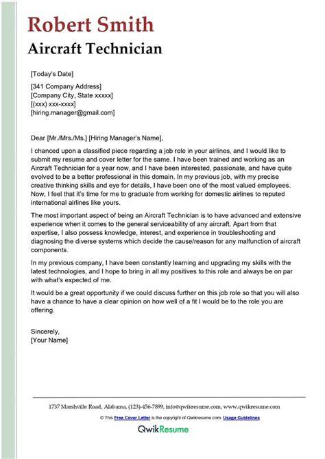 sample cover letter for aircraft maintenance technician