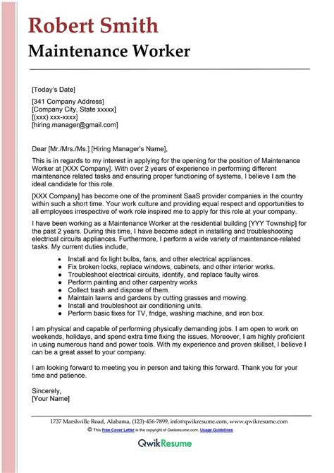sample cover letter for maintenance worker position