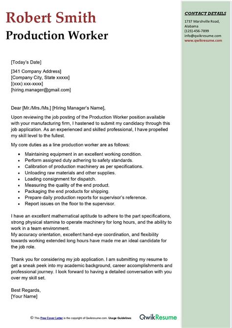 sample cover letter for production worker