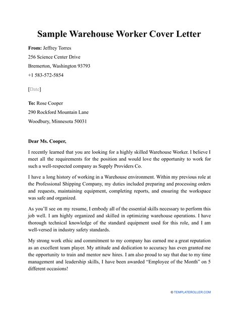 Sample Cover Letter For Warehouse Worker