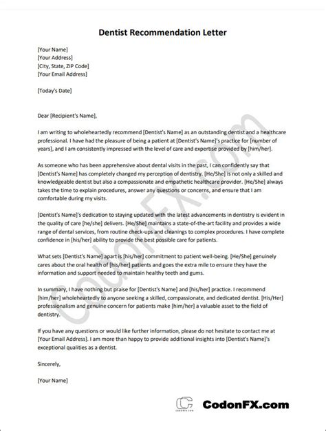 Sample Dentist Recommendation Letter