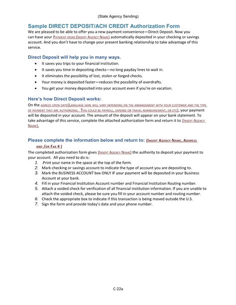 sample direct deposit ach credit authorization form