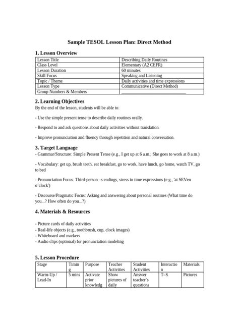 Sample Direct Method Lesson Plan