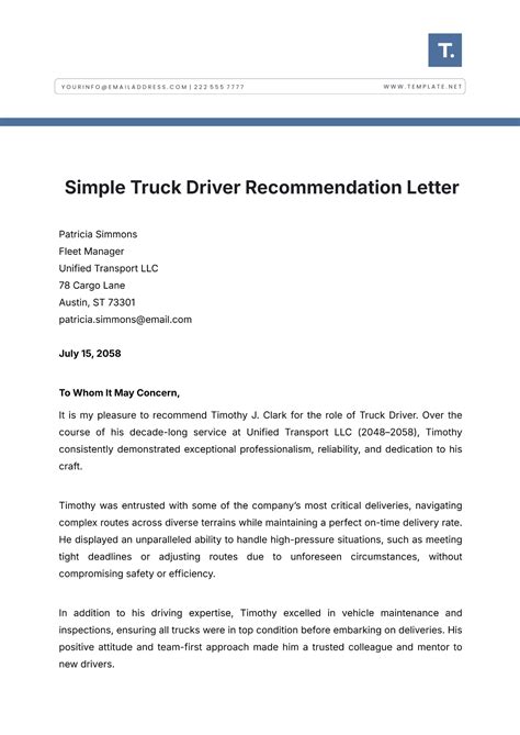 sample driver recommendation letter