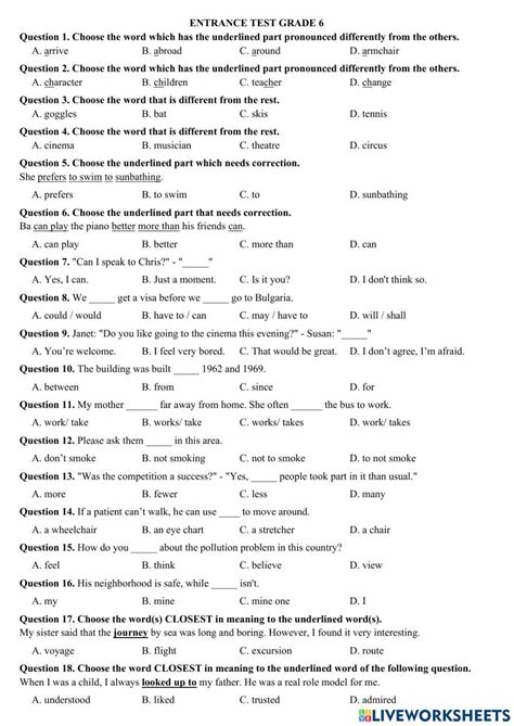sample entrance test for grade 2 english