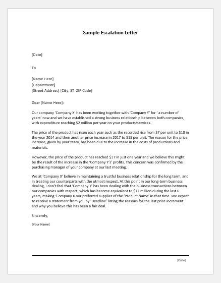 sample escalation letter for it service