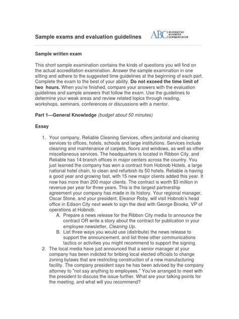 sample exams and evaluation guidelines the international