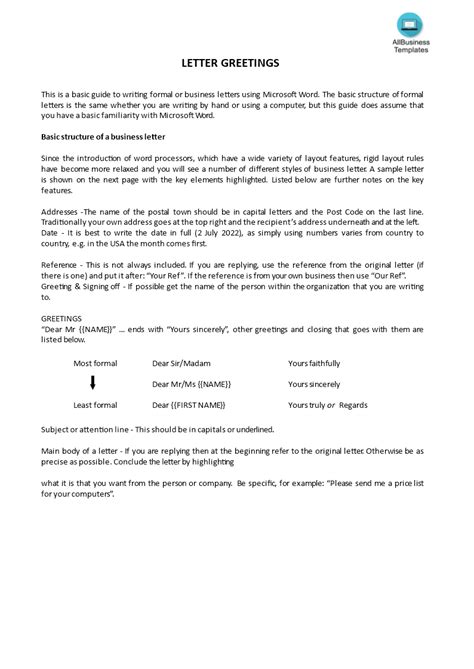 Sample Greetings Letter
