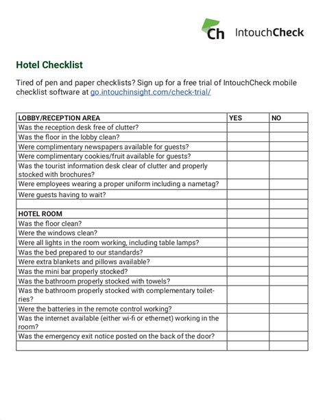sample hotel checklist center of excellence for