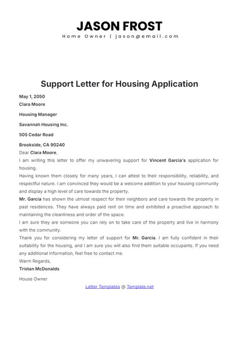 Sample Housing Support Letter