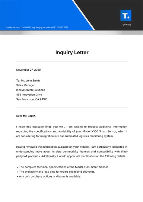 sample inquiry letter for visa application