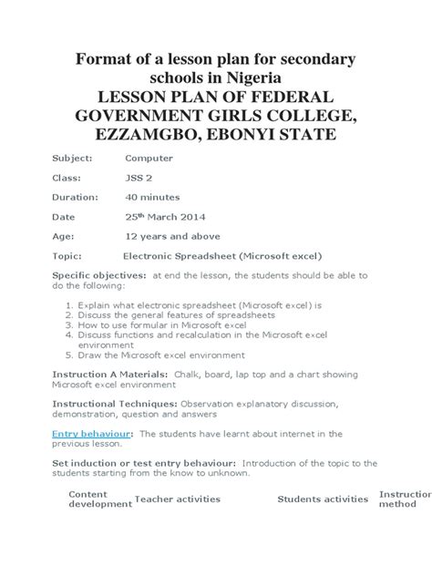 Sample Lesson Note For Nigeria Secondary Schools