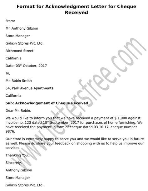 sample letter acknowledgement received cheque
