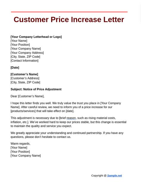Sample Letter For Price Increase Notification