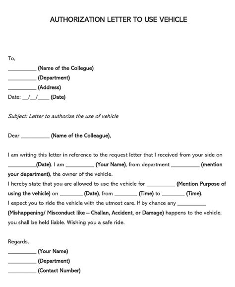 Sample Letter For Vehicle Authorization