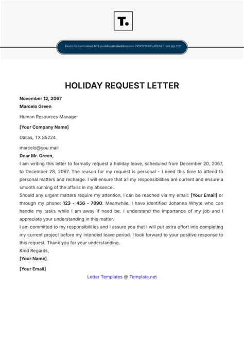 Sample Letter For Work Holiday Request