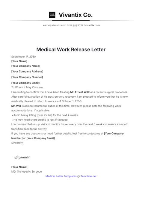 Sample Letter For Work Release