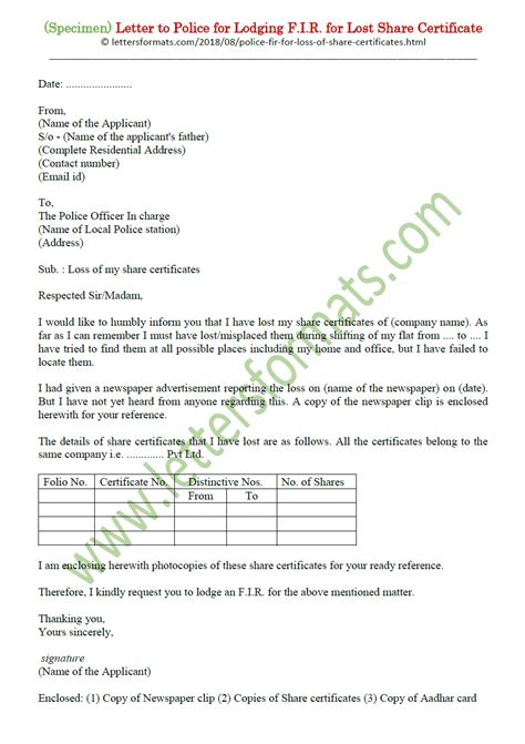 Sample Letter Lost Certificates