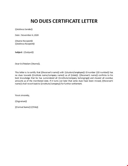 Sample Letter No Due Certificate