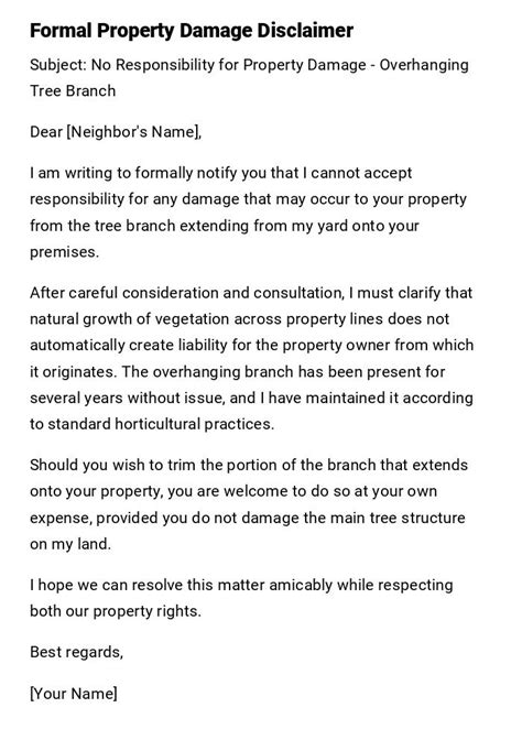 sample letter not responsible for damages
