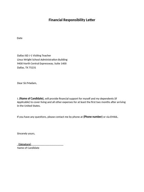 Sample Letter Of Financial Responsibility