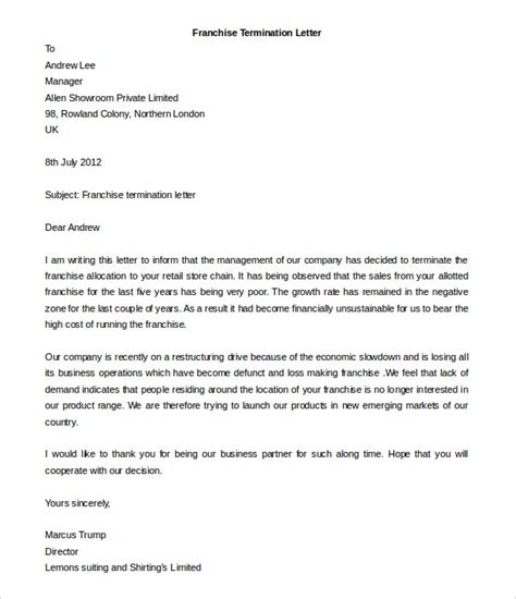 Sample Letter Of Franchise Termination Agreement