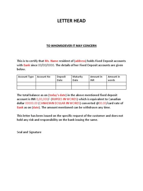 Sample Letter Open Fixed Deposit Account