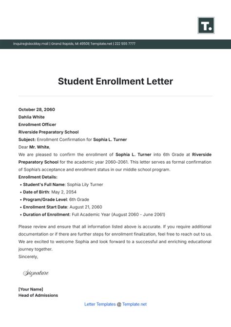 Sample Letter Proof Of Enrollment In Program