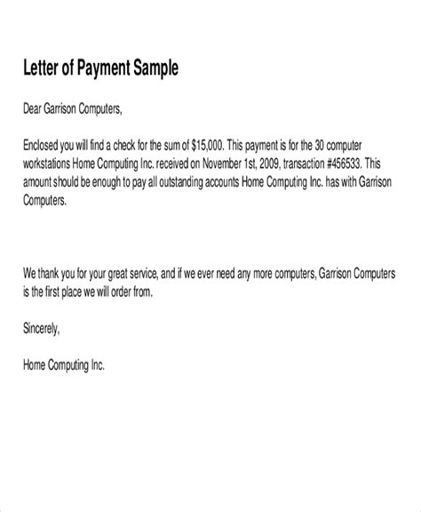 sample letter receipt check payment