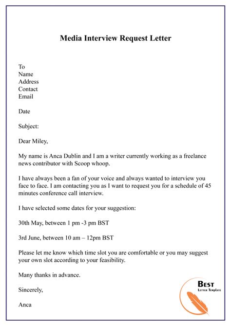 Sample Letter Requesting Celebrity Interview
