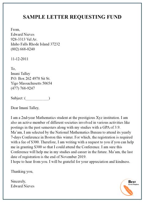 Sample Letter Requesting Fund Request