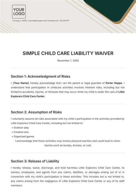 Sample Liability Form Children And Nature