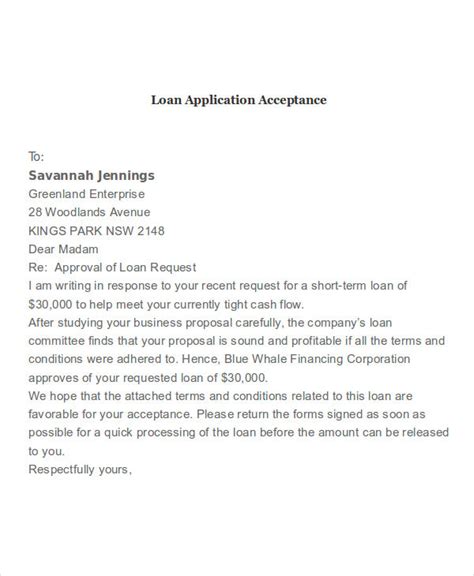 Sample Loan Acceptance Letter