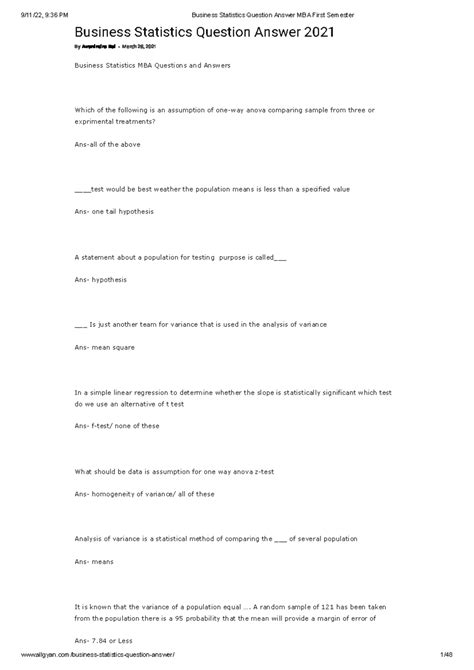 Sample Mba Statistics Questions With Answers