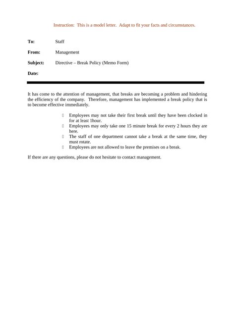 sample memo break time policy company