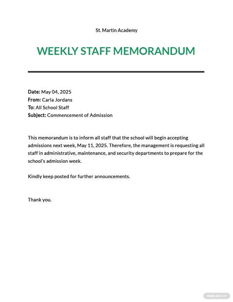 Sample Memo Regarding Weekly Staff Meetings