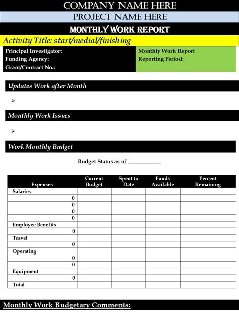 Sample Monthly Work Report Template