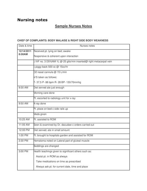 sample nurses notes for delivery room