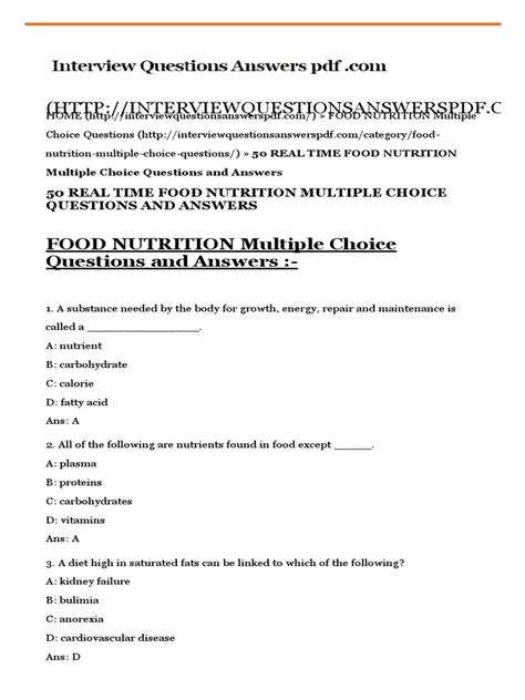 Sample Nutrition Multiple Choice Questions And Answers