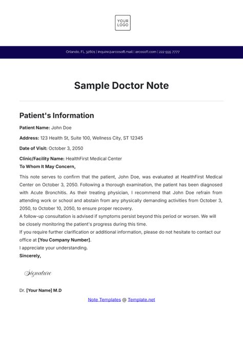 Sample Of Doctors Note For Work