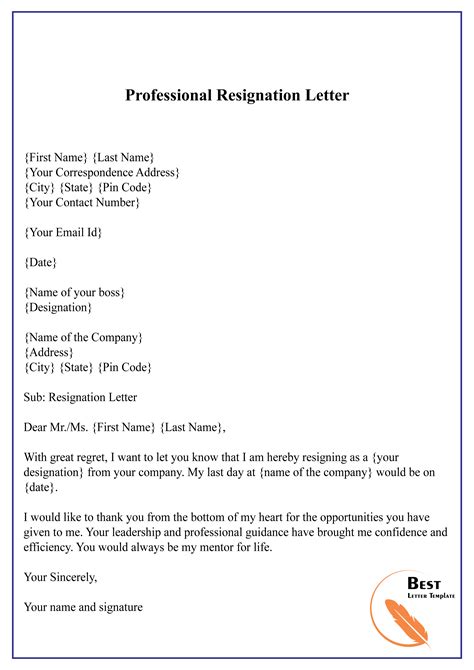 sample of professional resignation letters