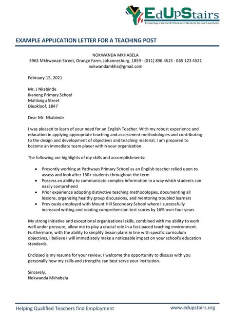 sample of teaching post application letter