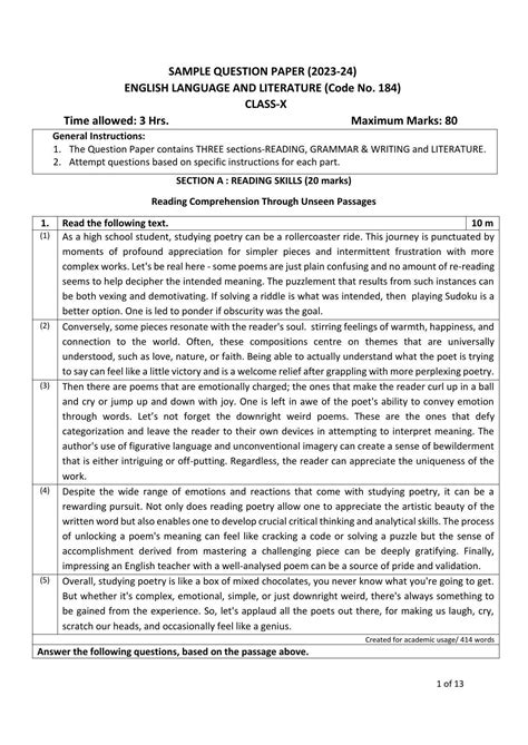 Sample Paper Of English For Class 1