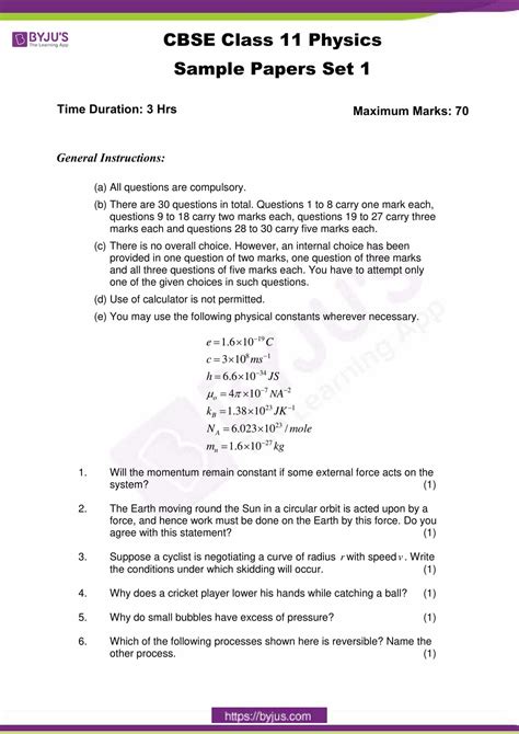 Sample Papers Of Class 11 Physics Sa1