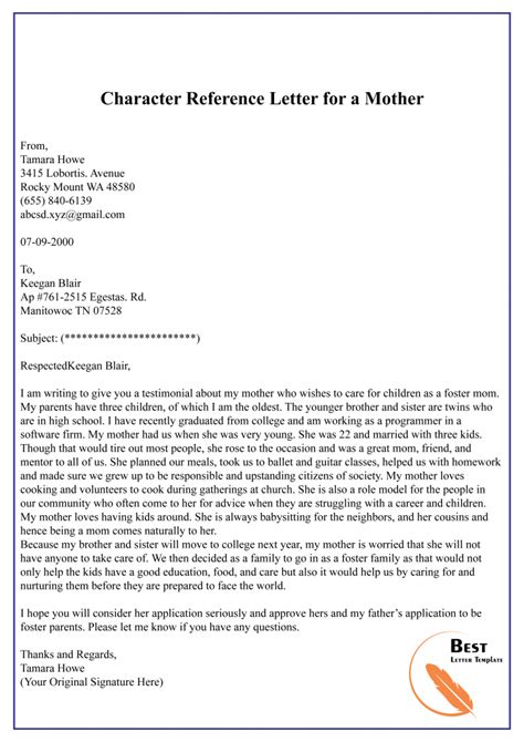 sample parent character reference letter to court