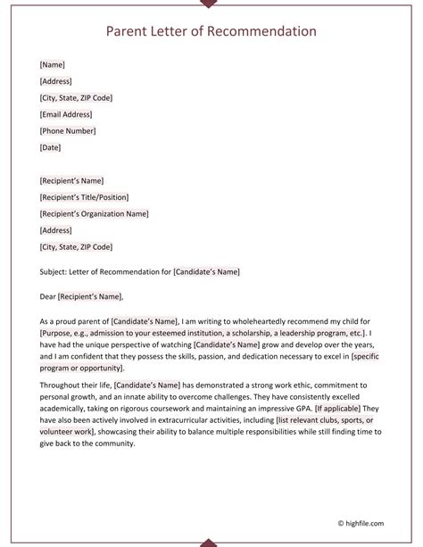 Sample Parent Recommendation Letter For Child