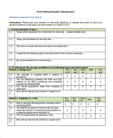 sample post training questionnaire