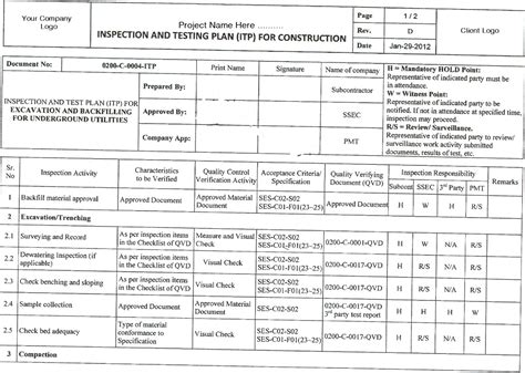 Sample Qc Plan And Itp