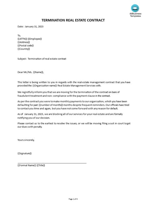 Sample Real Estate Contract Termination Letter