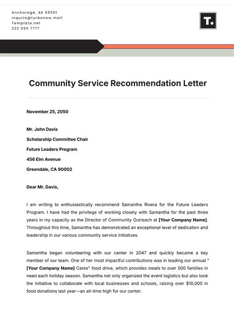 sample recommendation letter community service organizations